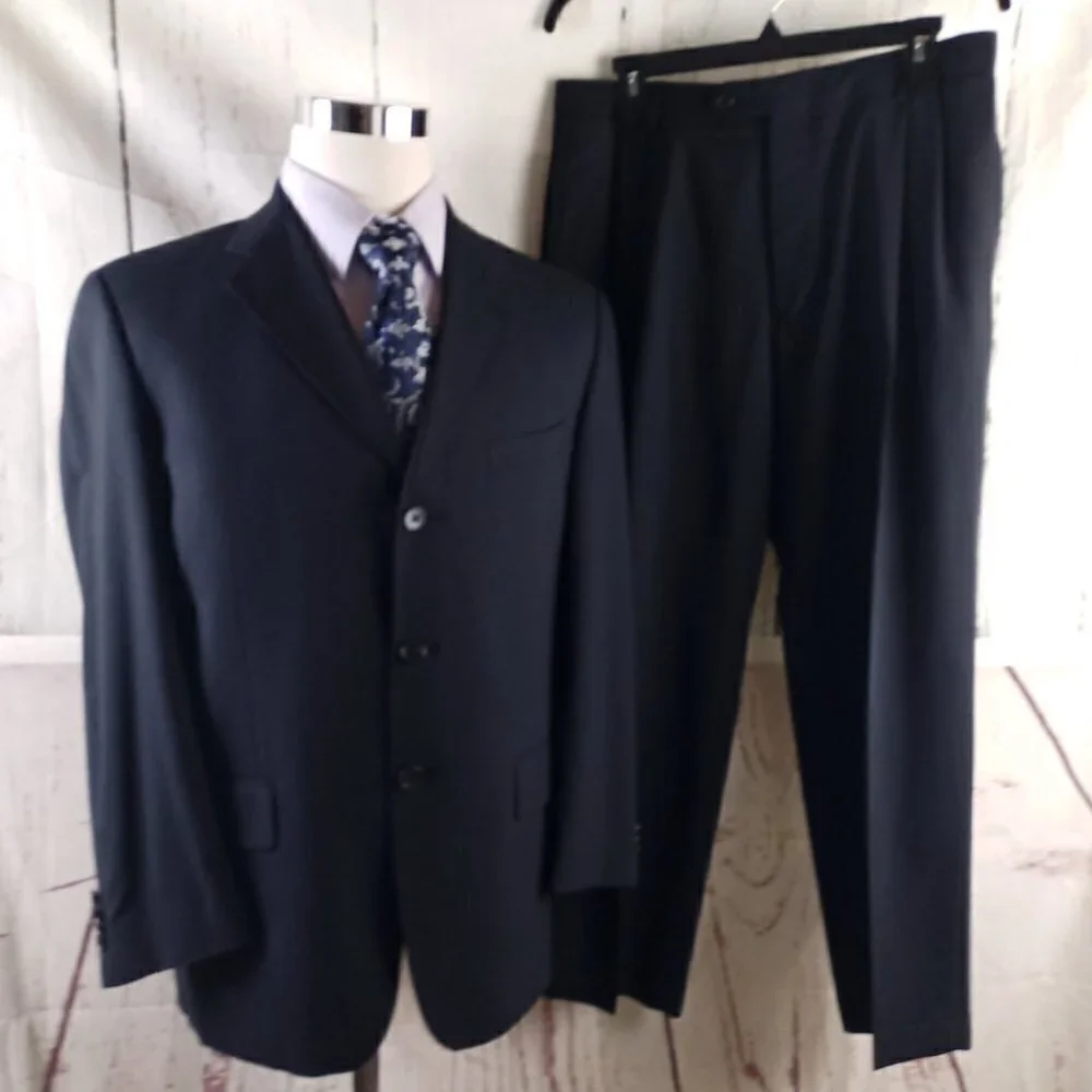 Joseph Abboud 40S Wool 3 Button Blue Birdseye 2pc Suit 32x28 Pleated